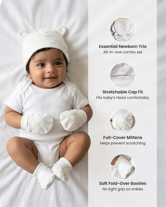 Twingle 100% Organic Cotton Caps, Booties & Mittens Set-Snug Cap-Mittens & Booties-with Soft Elasticated Cuffs for Secure Fit-Elephant Print-White-For Infants