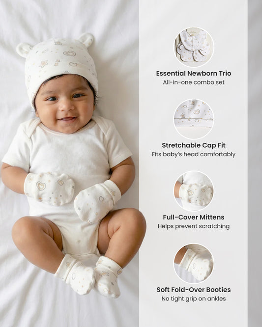 Twingle 100% Organic Cotton Caps, Booties & Mittens Set-Snug Cap-Mittens & Booties-with Soft Elasticated Cuffs for Secure Fit-Hearts & Stars Print-White-For Infants