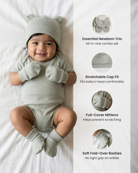 Twingle 100% Organic Cotton Caps, Booties & Mittens Set-Snug Cap-Mittens & Booties-with Soft Elasticated Cuffs for Secure Fit-Solid-Sage Green-For Infants