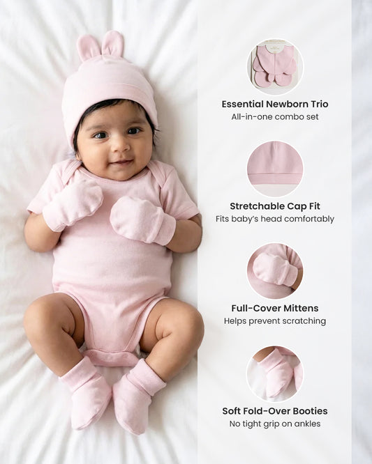 Twingle 100% Organic Cotton Caps, Booties & Mittens Set-Snug Cap-Mittens & Booties-with Soft Elasticated Cuffs for Secure Fit-Solid-Pastel Pink-For Infants