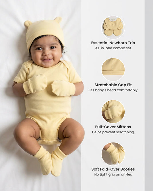 Twingle 100% Organic Cotton Caps, Booties & Mittens Set-Snug Cap-Mittens & Booties-with Soft Elasticated Cuffs for Secure Fit-Solid-Yellow-For Infants