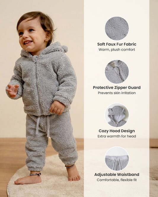 Twingle Faux Fur Winter Wear Hoodie & Jogger Set-100% Cotton Lining-Soft Adjustable Waistband-Long Sleeves-Solid-Grey-For Infants