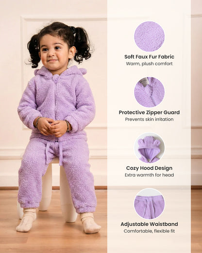 Twingle Faux Fur Winter Wear Hoodie & Jogger Set-100% Cotton Lining-Soft Adjustable Waistband-Long Sleeves-Solid-Lilac-For Infants