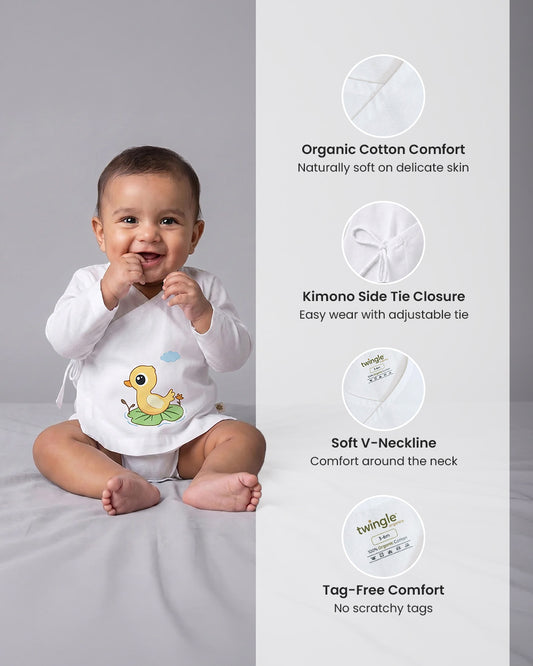 Twingle 100% Organic Cotton Jhabla-Kimono Opening for Easy Dressing-Lily Duck-White-For Infants