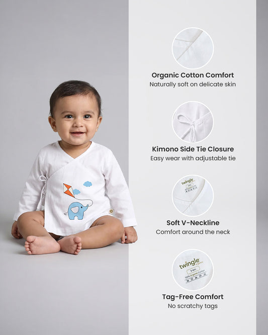 Twingle 100% Organic Cotton Jhabla-Kimono Opening for Easy Dressing-Ellie & Kite-White-For Infants