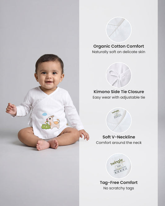 Twingle 100% Organic Cotton Jhabla-Kimono Opening for Easy Dressing-Moo Moo-White-For Infants