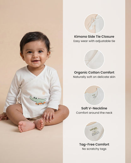 Twingle 100% Organic Cotton Jhabla-Kimono Opening for Easy Dressing-Croc On Wheels-White-For Infants