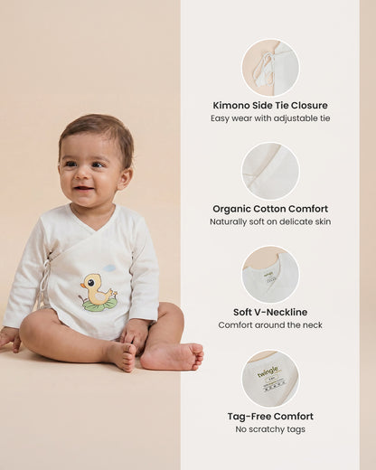 Twingle 100% Organic Cotton Jhabla-Kimono Opening for Easy Dressing-Lily Duck-White-For Infants