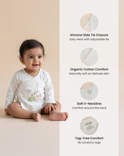 Twingle 100% Organic Cotton Jhabla-Kimono Opening for Easy Dressing-Moo Moo-White-For Infants