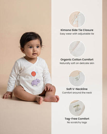 Twingle 100% Organic Cotton Jhabla-Kimono Opening for Easy Dressing-Hippo Hopper-White-For Infants