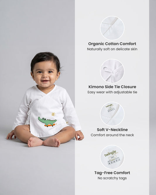 Twingle 100% Organic Cotton Jhabla-Kimono Opening for Easy Dressing-Croc On Wheels-White-For Infants
