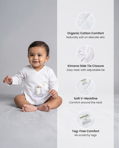 Twingle 100% Organic Cotton Jhabla-Kimono Opening for Easy Dressing-Penguin-White-For Infants