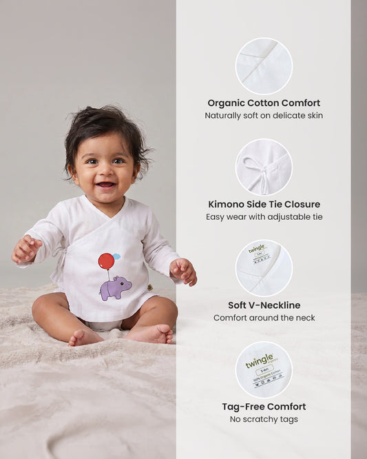 Twingle 100% Organic Cotton Jhabla-Kimono Opening for Easy Dressing-Hippo Hopper-White-For Infants