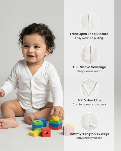 Twingle 100% Organic Cotton Jhabla Vest-Front Snaps for Easy Dressing-No Itchy Neck Tags-Long Sleeves-Solid-White-Pack of 3-For Infants