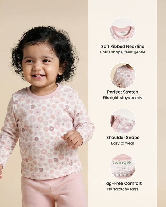 Twingle 100% Organic Cotton T-shirt-No Itchy Neck Tags-Shoulder Snaps for Easy Dressing-Long Sleeves-Floral Print-White-For Infants
