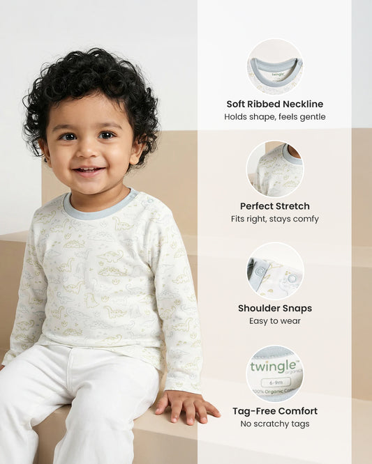 Twingle 100% Organic Cotton T-shirt-No Itchy Neck Tags-Shoulder Snaps for Easy Dressing-Long Sleeves-Dino Print-White-For Infants