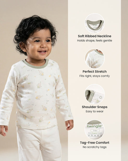 Twingle 100% Organic Cotton T-shirt-No Itchy Neck Tags-Shoulder Snaps for Easy Dressing-Long Sleeves-Elephant Print-White-For Infants