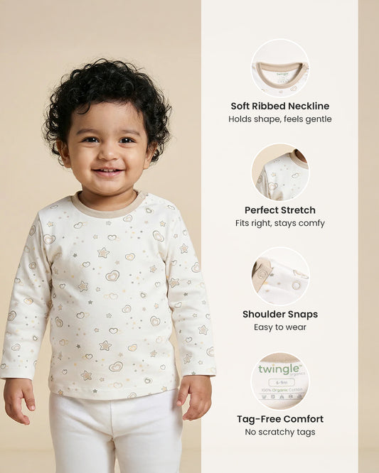 Twingle 100% Organic Cotton T-shirt-No Itchy Neck Tags-Shoulder Snaps for Easy Dressing-Long Sleeves-Hearts & Stars Print-White-For Infants