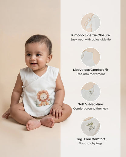 Twingle 100% Organic Cotton Jhabla-Kimono Opening for Easy Dressing-Little Roar-White-For Infants