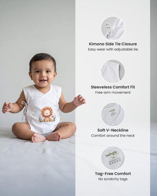 Twingle 100% Organic Cotton Jhabla-Kimono Opening for Easy Dressing-Little Roar-White-For Infants