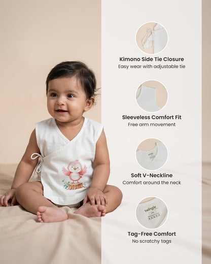 Twingle 100% Organic Cotton Jhabla-Kimono Opening for Easy Dressing-Pappy Birdie-White-For Infants