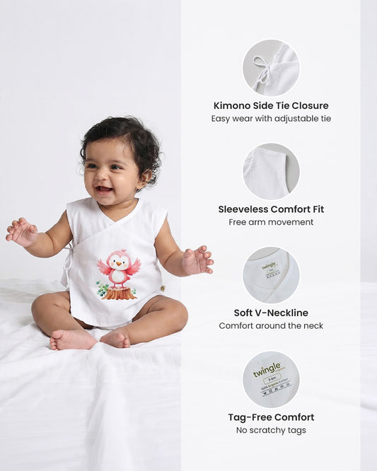 Twingle 100% Organic Cotton Jhabla-Kimono Opening for Easy Dressing-Pappy Birdie-White-For Infants