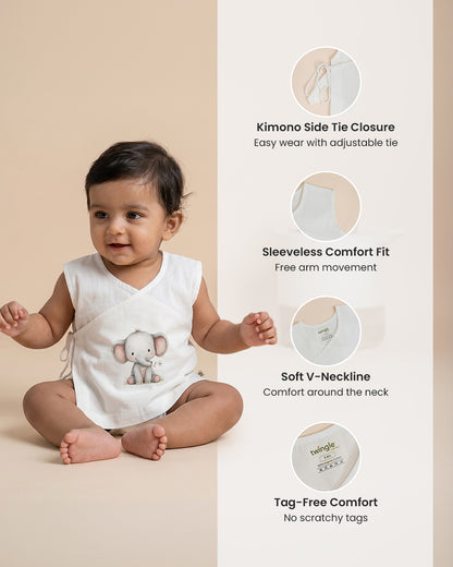 Twingle 100% Organic Cotton Jhabla-Kimono Opening for Easy Dressing-Ellie Elephant-White-For Infants
