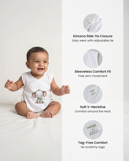 Twingle 100% Organic Cotton Jhabla-Kimono Opening for Easy Dressing-Ellie Elephant-White-For Infants