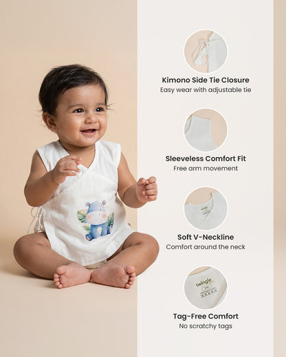 Twingle 100% Organic Cotton Jhabla-Kimono Opening for Easy Dressing-Happy Hippo-White-For Infants