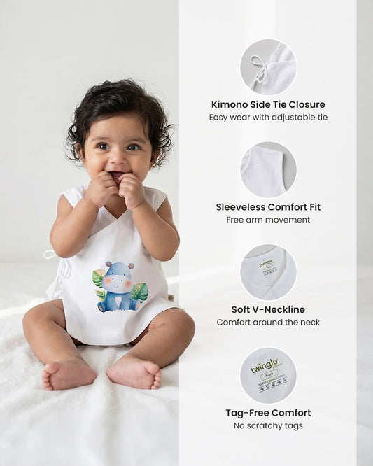 Twingle 100% Organic Cotton Jhabla-Kimono Opening for Easy Dressing-Happy Hippo-White-For Infants