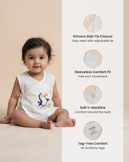 Twingle 100% Organic Cotton Jhabla-Kimono Opening for Easy Dressing-Tiki Toucan-White-For Infants