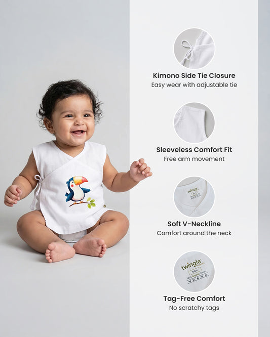 Twingle 100% Organic Cotton Jhabla-Kimono Opening for Easy Dressing-Tiki Toucan-White-For Infants