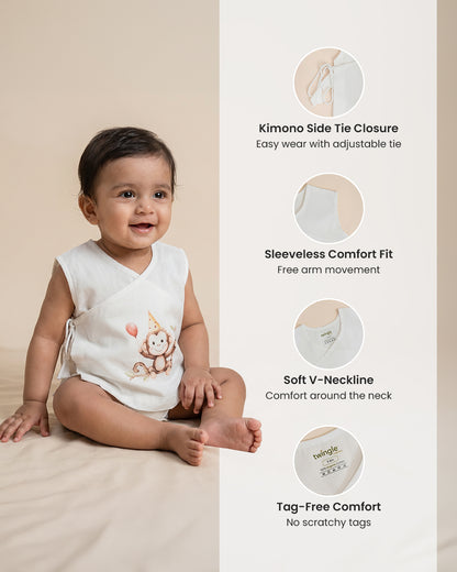 Twingle 100% Organic Cotton Jhabla-Kimono Opening for Easy Dressing-Mischief Monkey-White-For Infants