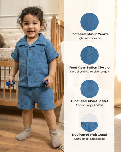 Twingle 100% Organic Muslin Shirt & Shorts Set-Lightweight & Breathable Fabric-Functional Pockets-Soft Elasticated Waistband-Short Sleeves-Solid-Cobalt Blue-For Infants