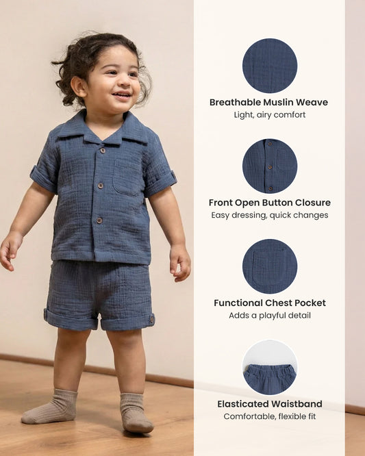 Twingle 100% Organic Muslin Shirt & Shorts Set-Lightweight & Breathable Fabric-Functional Pockets-Soft Elasticated Waistband-Short Sleeves-Solid-Navy Blue-For Infants
