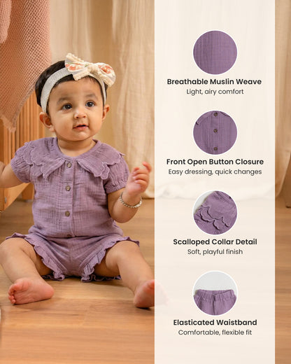 Twingle 100% Organic Muslin Shirt & Shorts Set-Lightweight & Breathable Fabric-Puff Sleeves-Soft Elasticated Waistband-Short Sleeves-Solid-Lavender-For Infants