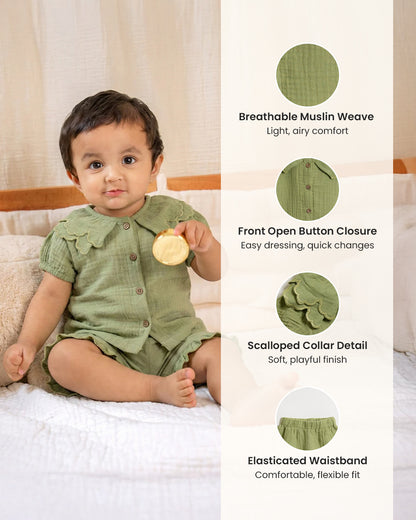 Twingle 100% Organic Muslin Shirt & Shorts Set-Lightweight & Breathable Fabric-Puff Sleeves-Soft Elasticated Waistband-Short Sleeves-Solid-Olive Green-For Infants