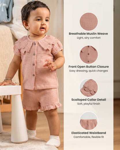 Twingle 100% Organic Muslin Shirt & Shorts Set-Lightweight & Breathable Fabric-Puff Sleeves-Soft Elasticated Waistband-Short Sleeves-Solid-Peach Pink-For Infants
