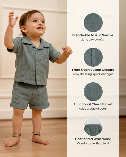 Twingle 100% Organic Muslin Shirt & Shorts Set-Lightweight & Breathable Fabric-Functional Pockets-Soft Elasticated Waistband-Short Sleeves-Solid-Sage Green-For Infants