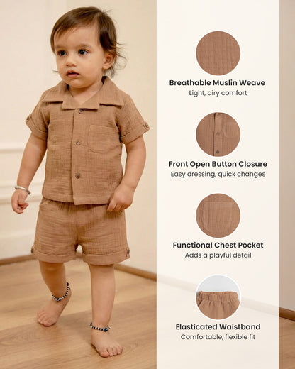 Twingle 100% Organic Muslin Shirt & Shorts Set-Lightweight & Breathable Fabric-Functional Pockets-Soft Elasticated Waistband-Short Sleeves-Solid-Tan-For Infants