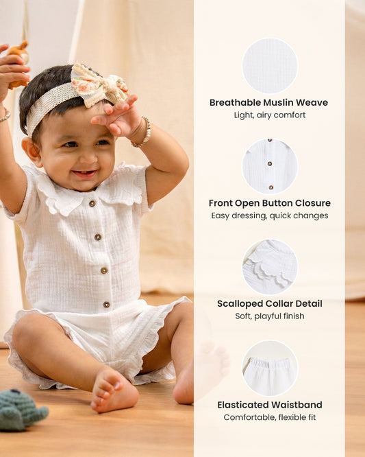 Twingle 100% Organic Muslin Shirt & Shorts Set-Lightweight & Breathable Fabric-Puff Sleeves-Soft Elasticated Waistband-Short Sleeves-Solid-White-For Infants