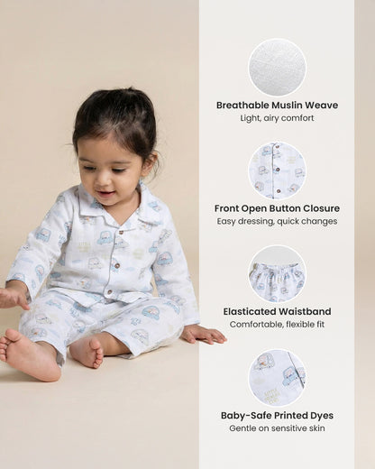 Twingle 100% Organic Muslin Nightsuit-Prevents Overheating-Naturally Temperature Regulating for Better Sleep-Soft Elasticated Waistband-Little Drivers-White-For Infants