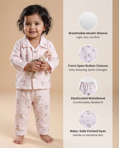 Twingle 100% Organic Muslin Nightsuit-Prevents Overheating-Naturally Temperature Regulating for Better Sleep-Soft Elasticated Waistband-Mama Deer-White-For Infants