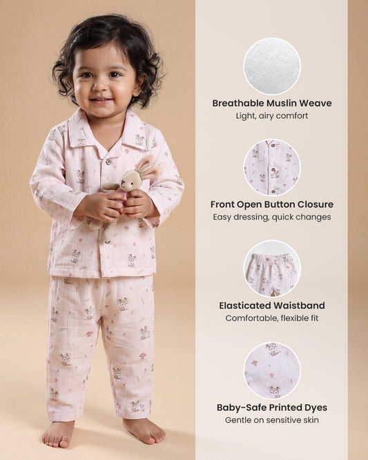 Twingle 100% Organic Muslin Nightsuit-Prevents Overheating-Naturally Temperature Regulating for Better Sleep-Soft Elasticated Waistband-Mama Deer-White-For Infants