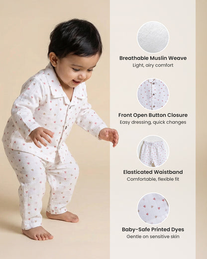 Twingle 100% Organic Muslin Nightsuit-Prevents Overheating-Naturally Temperature Regulating for Better Sleep-Soft Elasticated Waistband-Tiny Hearts-White-For Infants