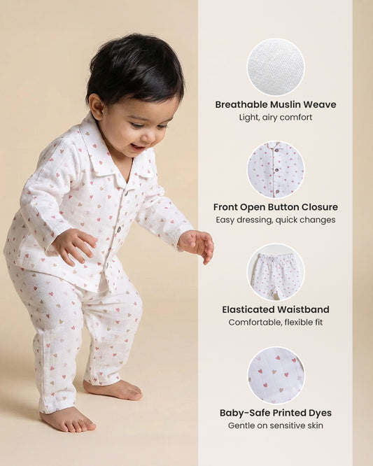 Twingle 100% Organic Muslin Nightsuit-Prevents Overheating-Naturally Temperature Regulating for Better Sleep-Soft Elasticated Waistband-Tiny Hearts-White-For Infants