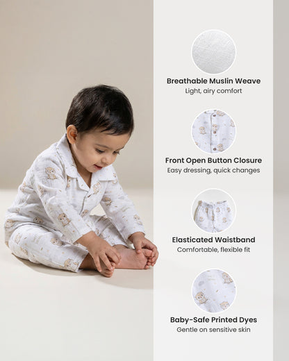 Twingle 100% Organic Muslin Nightsuit-Prevents Overheating-Naturally Temperature Regulating for Better Sleep-Soft Elasticated Waistband-Sleepy Owls-White-For Infants