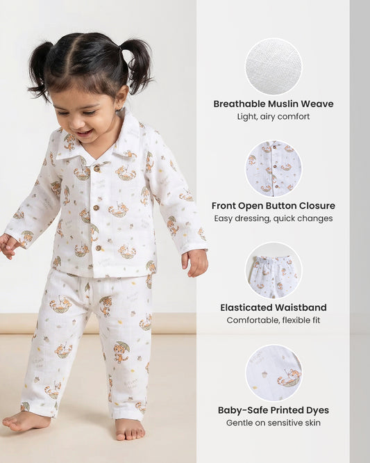 Twingle 100% Organic Muslin Nightsuit-Prevents Overheating-Naturally Temperature Regulating for Better Sleep-Soft Elasticated Waistband-Cozy Roars-White-For Infants