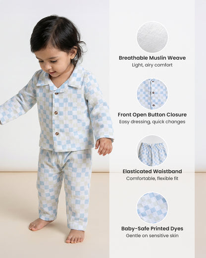 Twingle 100% Organic Muslin Nightsuit-Prevents Overheating-Naturally Temperature Regulating for Better Sleep-Soft Elasticated Waistband-Checkered Chaos-White-For Infants