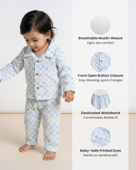Twingle 100% Organic Muslin Nightsuit-Prevents Overheating-Naturally Temperature Regulating for Better Sleep-Soft Elasticated Waistband-Checkered Chaos-White-For Infants